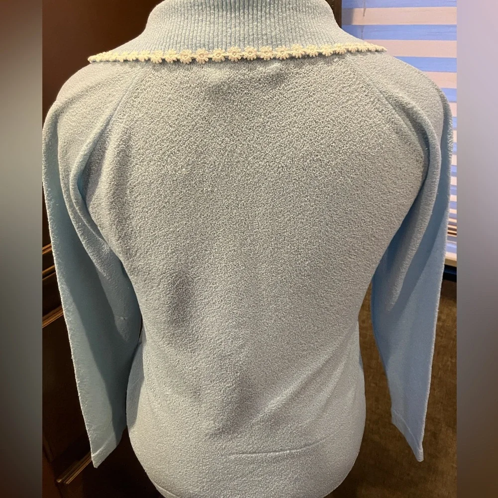 VINTAGE USA 🇺🇸 ILGWU Union Talbott Dacron Blue Cardigan Flower Trim 60s Sz 36 - Picture 7 of 8